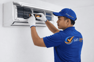 teknisi satujasa sedang perbaiki AC