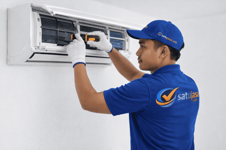 teknisi satujasa sedang perbaiki AC